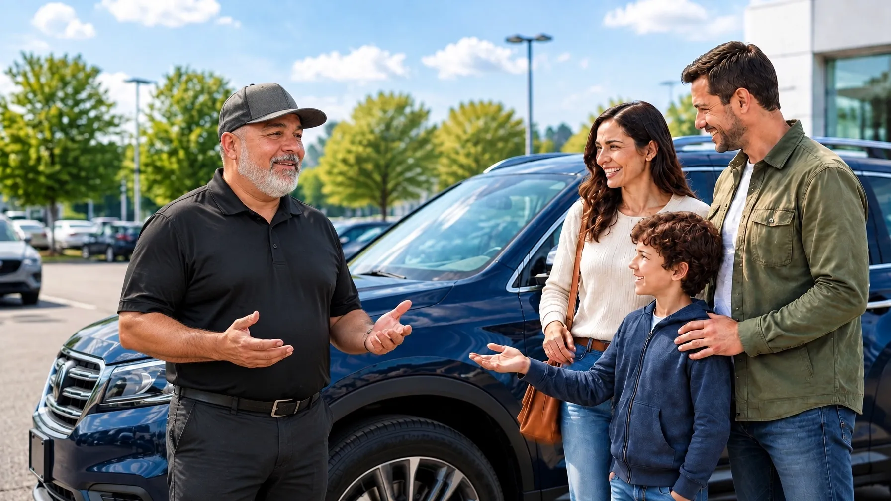 David helping a family choose a dark blue SUV